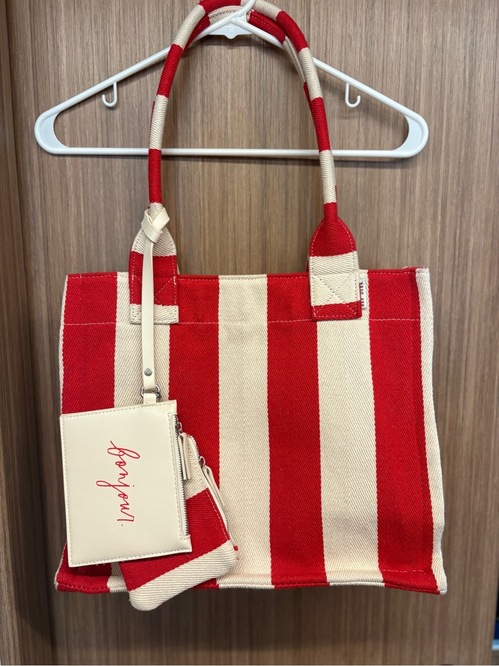 Rae Dunn Red and Cream Striped Canvas Tote with Pouch Set - Picture 1 of 8
